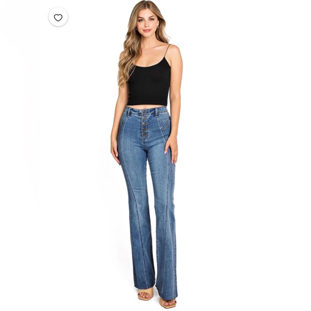 Cello Women's Mid-Blue High-Rise Flare Jeans exposed button fly raw hem sz 28 - Picture 3 of 14